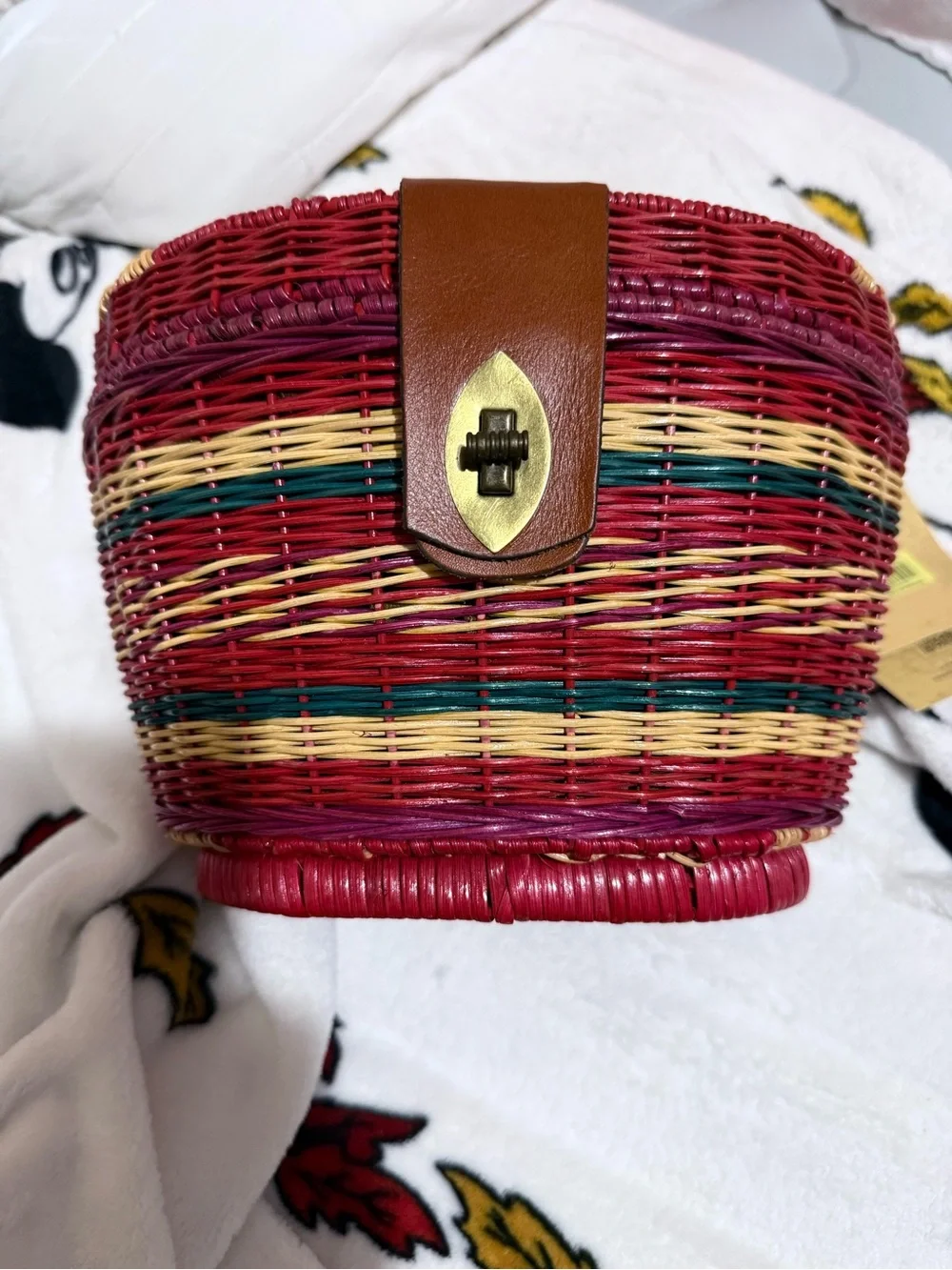 Patricia Nash Red & Natural Woven Round Straw Tote with Brown Leather Trim